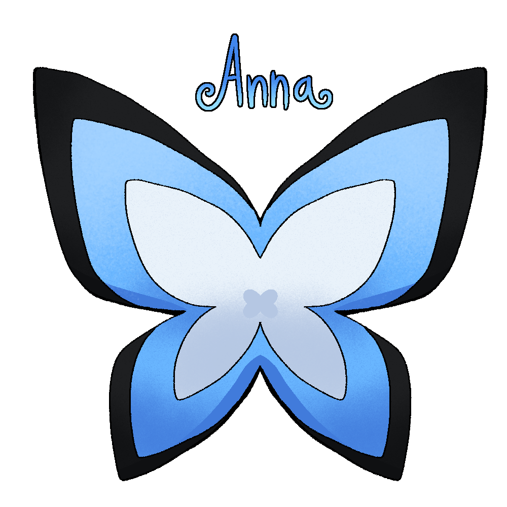 Clickable link to the page on Anna Glass. It is shaped like one of her signature blue, butterfly-shaped bows.
